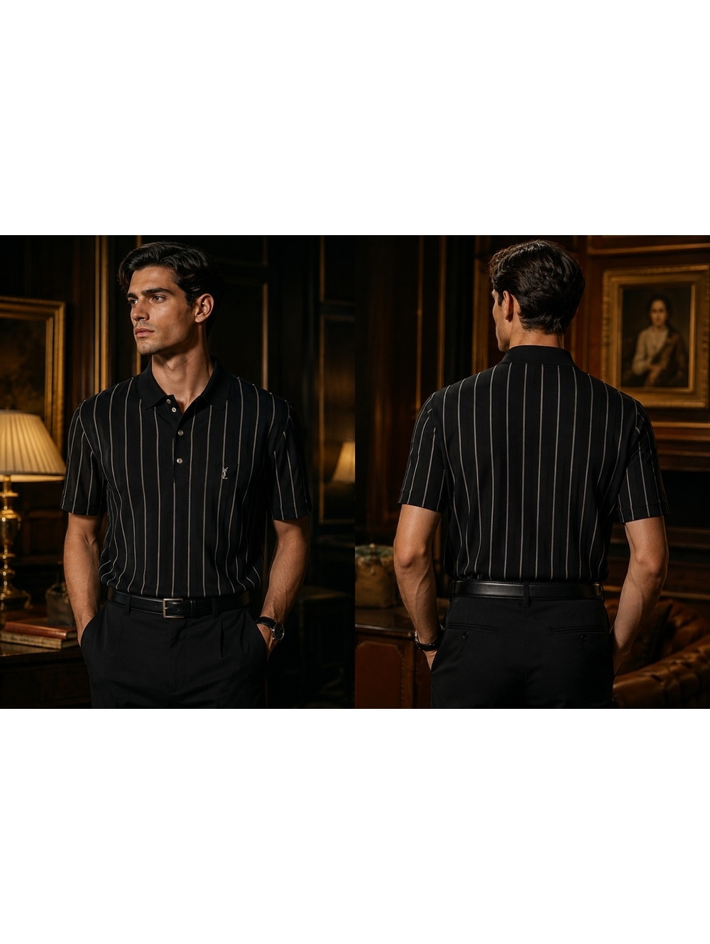 YSL Yves Saint Laurent $700 100% Silk Mens M Vintage Black Polo Shirt Authentic
